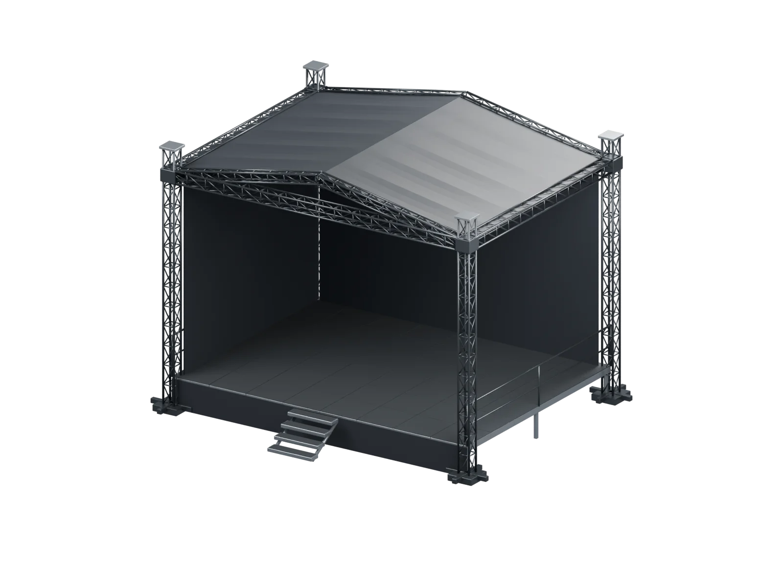 Scenă 8×6 m: acoperire 8 × 6 m, podium 8 × 6 m. Randare 3D orientativă.